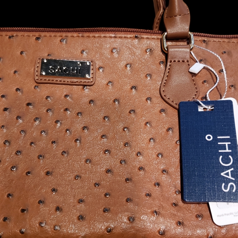 SACHI ostrich insulated designer tote with drop down handles. Brown.